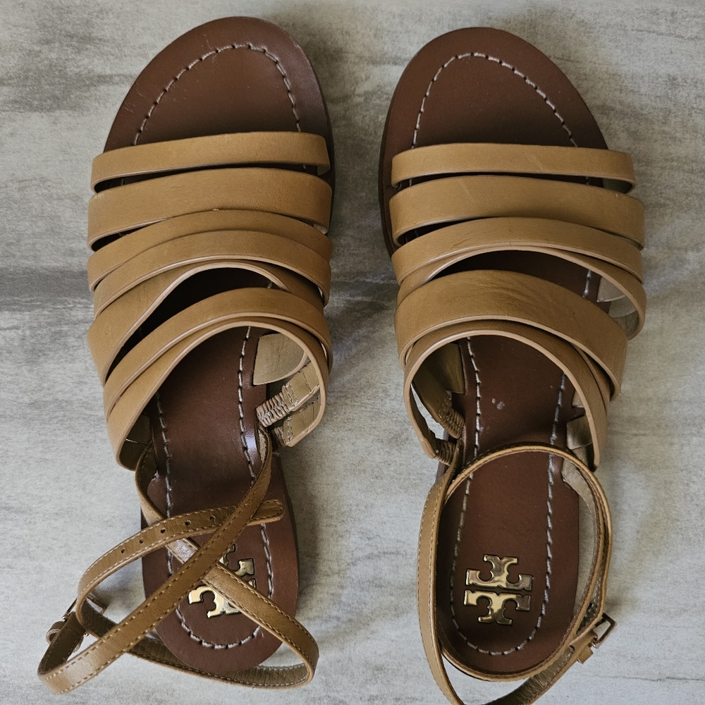 Tory Burch Patos Flat Strappy Sandals Slides Ankle Strap Size 6 Tan Leather